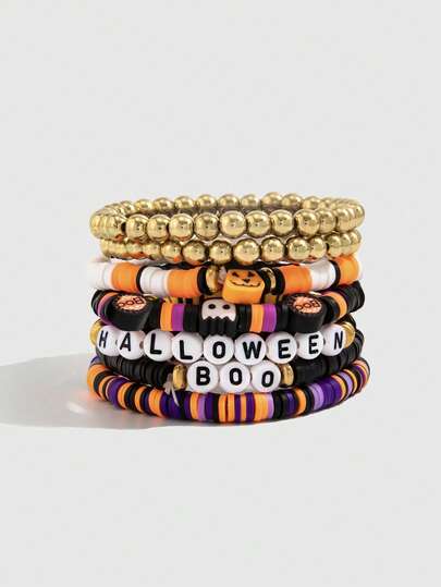 Fairycore 7pcs/Set Thanksgiving Letter Beaded Crystal Polymer Clay Charm Bracelets, Handmade Maple Leaf & Pumpkin Charm Bracelets, Autumn Thanksgiving Jewelry Gift For Wife/Daughter, Halloween