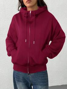 SHEIN EZwear 女士酒红色前拉链长袖连帽卫衣，简约休闲风，适合毕业典礼、返校、毕业典礼、女教师以及秋冬季返校穿着。 - 酒紅色 - 查看 4