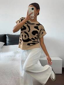 SHEIN Frenchy 秋冬大码女式豹纹针织上衣、短袖毛衣 - 灰色 - 查看 3