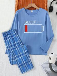 2 件男童休闲圆领长袖睡衣套装，含 SLEEP 印花上衣和格子宽松裤，柔软针织面料 - 藍色 - 查看 3