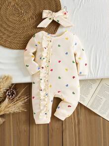 SHEIN Vintaside Kids Baby Girl Casual Heart Print Ruffle Trim Long Sleeve Jumpsuit, Autumn Fall Winter - Apricot - View 10