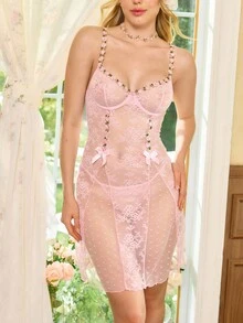 SHEIN 2pcs Lace Sexy Lingerie Set (With Underwire, G-String) For Women - Pink - View 6