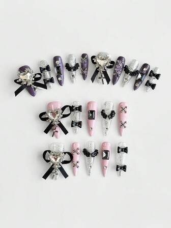 Anime 10pcs Cute Wings, Rose, Bow, Music Note, Star Element High Quality Handmade False Nails + 3pcs Double-Sided Adhesive, Y2K Style Rhinestone Pink Polka Dot White Lace Removable Manicure Stickers, Suitable For Holidays, Parties, Dancing And Daily Wear