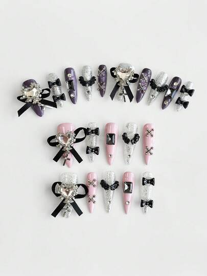 Anime 10 piezas de uñas postizas de alta calidad con elementos decorativos hechos a mano como alas, rosas, lazos, notas musicales y estrellas + 3 piezas de adhesivo doble cara, pegatinas de manicura extraíbles con estilo Y2K de cristales, lunares rosas y encaje blanco, adecuadas para vacaciones, fiestas, baile y uso diario