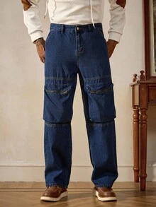 RivetRise Jeans droits en denim avec fermeture éclair, patchwork et poches, style mode de rue décontracté pour hommes - Jean brut - Voir 5