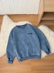 SHEIN 青少年男童时尚休闲 Y2K 复古酷炫 - 可机洗设计字母刺绣图案蓝色针织牛仔长袖小圆领卫衣，适合儿童日常穿着，柔软舒适，也适合儿童秋冬季节、派对、居家穿着，以及街头风校服。 - 藍色 - 查看 6