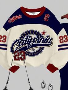 SHEIN 2pcs/Set Teen Girls Casual Retro American Style Letter & Number Badge Graphic Crew Neck Long Sleeve Sweatshirt And Leggings, Sporty College Style, Suitable For Autumn/Winter Fall - Multicolor - View 6