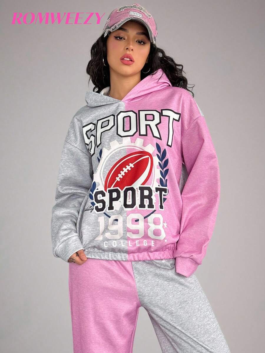 Teenager (Mädchen) minimalistischer Muster Hoodie Langarm Sweatshirt und Hose Set - Verschiedenfarbig - Übersicht 1