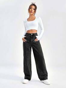 SHEIN Cottnline 100%Cotton Loose Wide Leg Denim Pants With Slant Pockets - Black - View 3