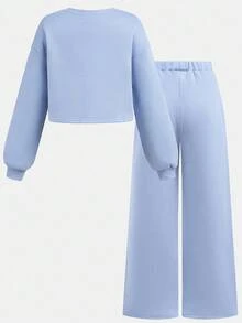 SHEIN 青少年女孩休闲宽松舒适圆领长袖短款连帽衫和裤子套装 - 淺藍色 - 查看 3