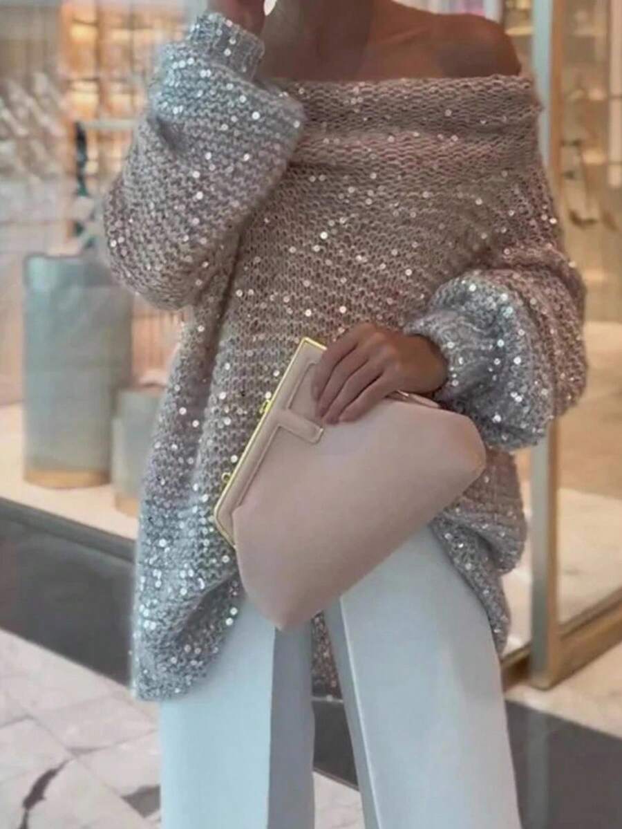 Siren Gaze Áo len nữ thời trang trễ vai đính sequin chuyển màu Áo len ombre Áo len nữ mùa hè Áo len đan Áo len trễ vai Áo len viền lông vũ vào mùa thu/đông - Nhiều màu - Xem 1