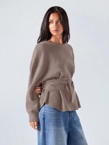 LYSMO 女士休闲纯色系带长袖毛衣中性女装棕色毛衣秋冬女装 - 咖啡棕 - 查看 6