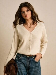 Áo len cardigan dệt kim đơn hàng ngày tay dài màu trơn dành cho nữ, mùa thu - Màu be - Xem 8