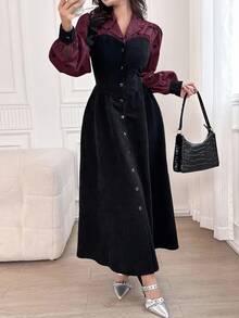 Feyla 女士秋季花卉拼布翻领单排扣连衣裙长款晚礼服 - 酒紅色 - 查看 4