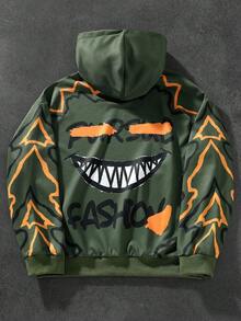 Chillumni 男士街头风连帽卫衣，宽松短款连帽衫，饰有超大撞色卡通脸图案，街头服饰，适合休闲、度假、情侣装、送给男友/老公的礼物、万圣节装扮、秋季穿着 - 綠色 - 查看 2