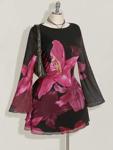 SHEIN ICON Váy thu cỡ lớn cho nữ, Váy dài tay cho nữ, Váy lễ hội tay kèn lưới hoa lớn cổ điển Y2k mặc hàng ngày - Nhiều màu - Xem 4