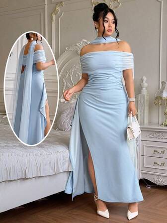 Roveilla Plus Size Women's Elegant Off-Shoulder Slit Fitted Romantic Party Backless Dress, Suitable For Christmas Party, Formal Occasions