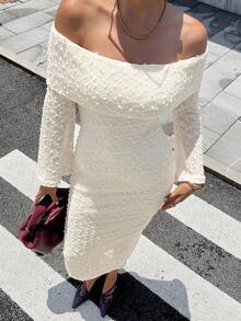 Chiquease Off Shoulder Knit Bodycon Dress, Sexy & Slimming, Long Sleeve - Apricot - View 6