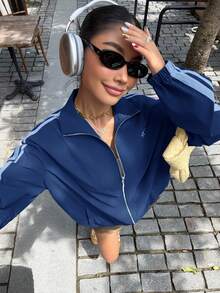 Muchica 秋冬款蓝绿色休闲漏斗领轻便落肩拉链夹克蓝色拉链夹克女款 - 水鴨藍 - 查看 1