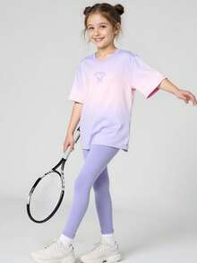 JNSQ Tween Girls 2 Piece Set: T-Shirt + Leggings Yoga Sports Workout Pants, Stretchy Colorful Campus Street Fashion Sports Outfit