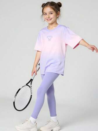 JNSQ Tween Girls 2 Piece Set: T-Shirt + Leggings Yoga Sports Workout Pants, Stretchy Colorful Campus Street Fashion Sports Outfit