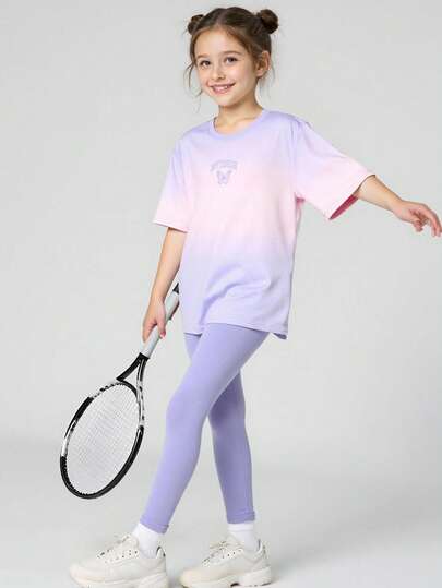 JNSQ Ensemble 2 pièces pour préadolescentes : T-shirt + Leggings Yoga Pantalon de sport, Tenue de sport colorée et élastique, mode campus et de rue