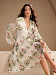 Anewsta Vestido de noche bohemio para mujer, vestido de graduación con escote en V, vintage, vestido de fiesta con estampado floral, vestido de novia - Blanco - Ver 3