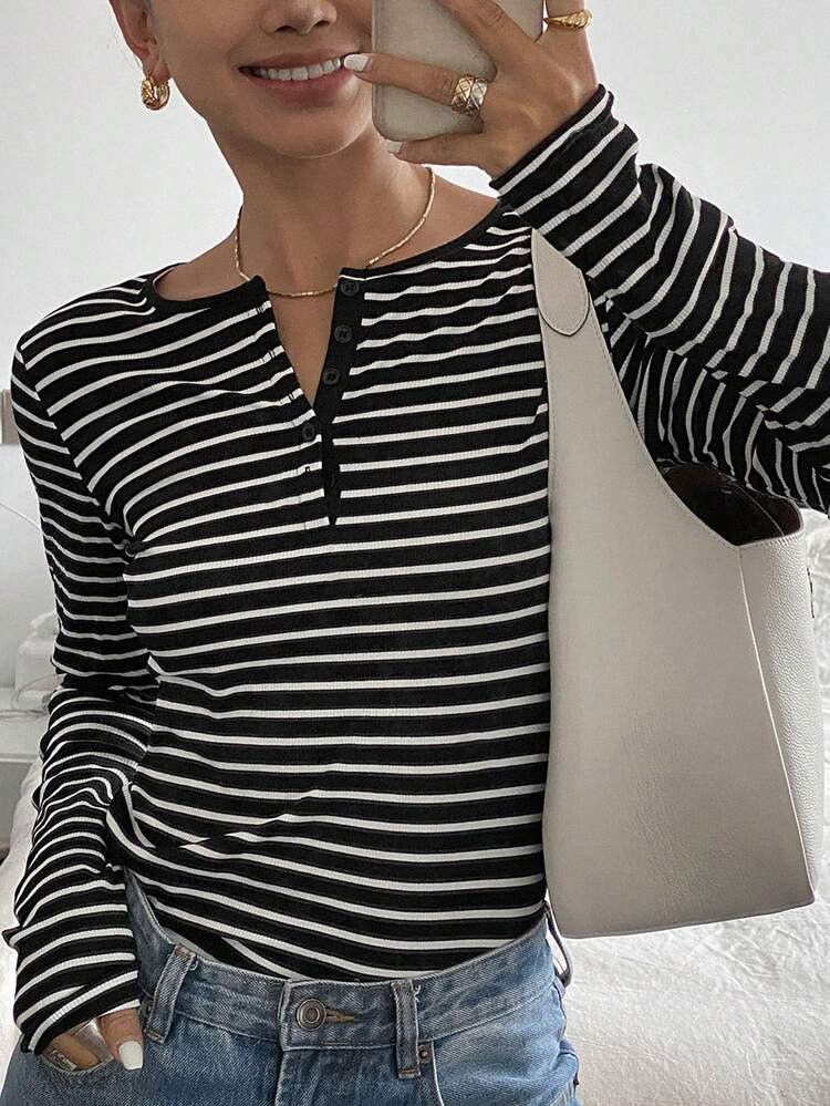 Long Sleeve Striped Printed Single Breasted Casual T-Shirt,Fall Clothes Preppy Tops