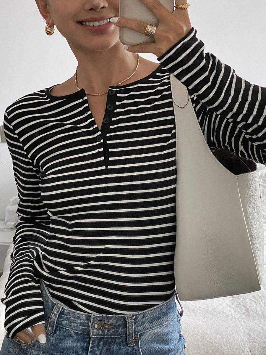 Livesso Long Sleeve Striped Printed Single Breasted Casual T-Shirt,Fall Clothes Preppy Tops - Black and White - View 1