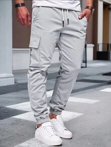 Manfinity Homme Men Plus Mature Casual Cargo Pants, Suitable For Daily Casual Wear, Weekend Outings, Outdoor Activities, Travel, Adventure, And Social Gatherings With Friends. This Pant Is An Indispensable Versatile Item In A Man's Wardrobe, Making It A Great Gift For A Boyfriend Or Husband., Fall - Light Grey - View 4