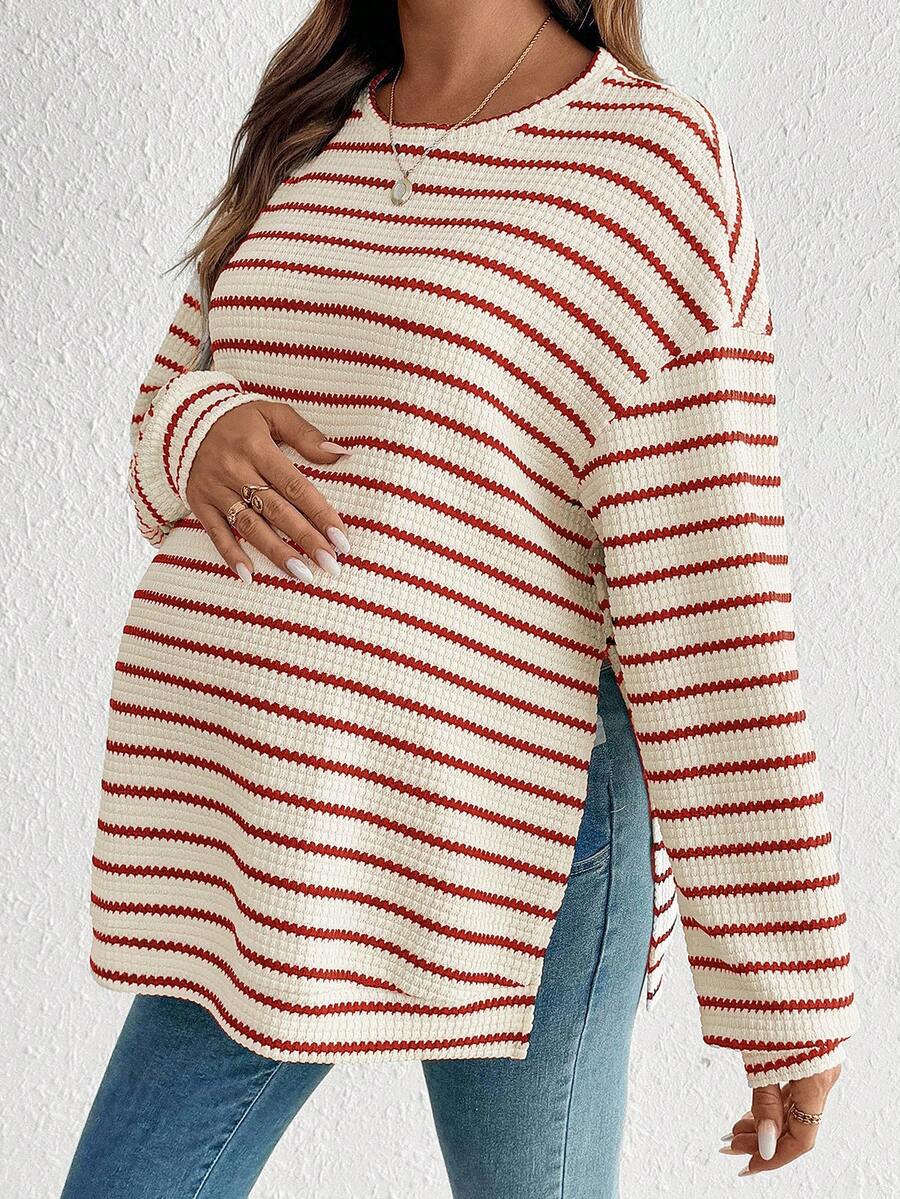 SHEIN 孕妇休闲条纹圆领落肩长袖运动衫双层衬里上衣女款条纹上衣毛衣上衣条纹长袖 - 紅白色 - 查看 1