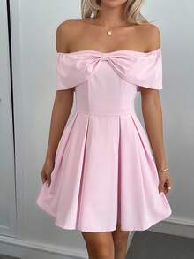 INAWLY Vestido Elegante e Delicado de Ombro Caído de Cor Sólida e Doce para Mulheres