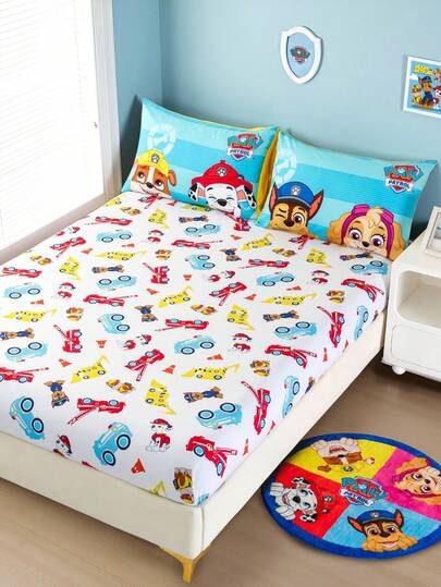 SHEIN | PAW Patrol 1pc Cute Cartoon Print Fitted Sheet, White Fitted Sheet, Fits Twin/Full/Queen/King Size Bed, Soft, Breathable, Warm, Machine Washable