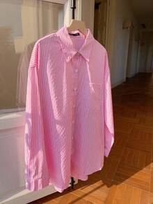 SHEIN Tall CURVE Plus Size Casual & Commuting Stripe Drop Shoulder Long Sleeve Shirt,Business Casual Woman - Pink - View 6