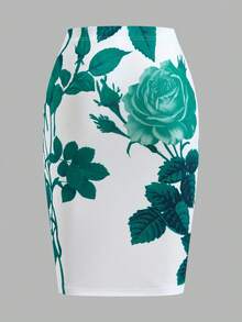 SHEIN Clasi 大码优雅花卉印花紧身迷你裙 - 青碧色 - 查看 2