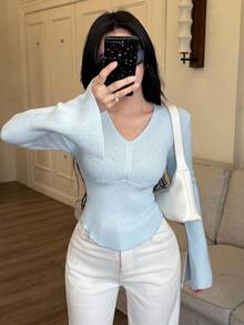 Celisse Women's Sexy V-Neck Long Sleeve Solid Color Knit Sweater, Autumn/Winter - Baby Blue - View 6
