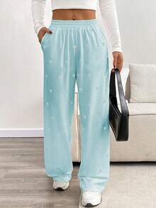 SHEIN LUNE Casual Loose Butterfly Graphic Print Elastic Waist Women Sweatpants - Blue - View 5