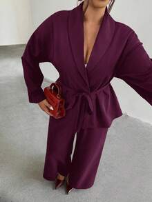 Firerie Plus Size Solid Color Minimalist Casual Long Sleeve Top And Pants Suit Two Piece Set Women Elegant Wide Leg Pants Set/Winter Burgundy Old Money Office - Burgundy - View 4