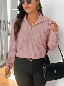 SHEIN Frenchy Áo thun cổ bẻ màu mơ lông mịn cỡ lớn có khóa kéo - Hồng - Xem 5