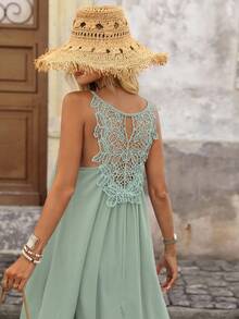 Brillora 纯色度假风格针织宽松后背拼布蕾丝吊带背心女式夏装