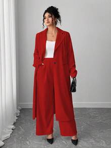 Elenzga Bộ vest blazer dài cổ ve thanh lịch cỡ lớn dành cho nữ + quần, màu mơ - Đỏ - Xem 1