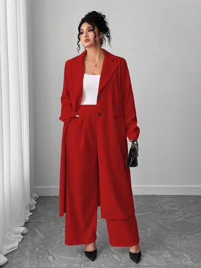 Elenzga 大码女式优雅翻领长款西装外套 + 裤子套装，杏色