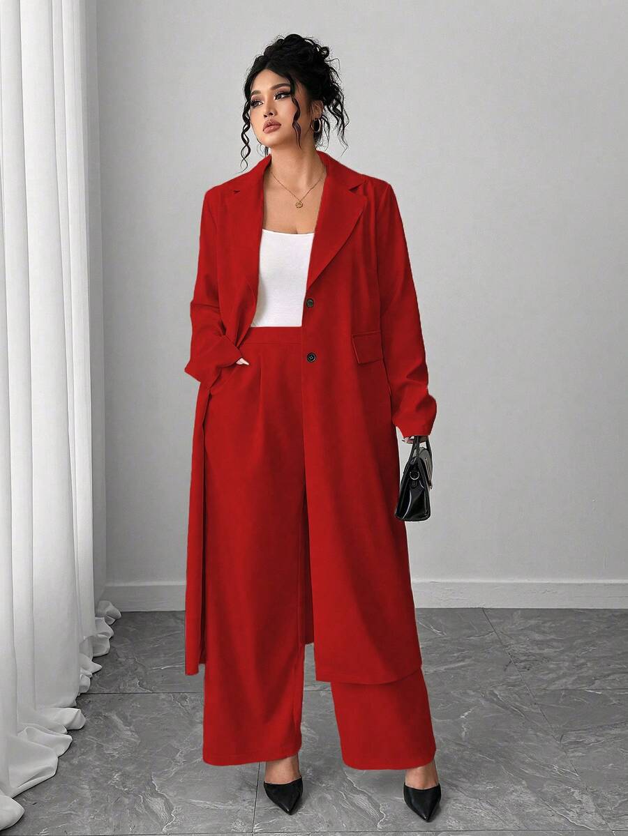Elenzga Bộ vest blazer dài cổ ve thanh lịch cỡ lớn dành cho nữ + quần, màu mơ - Đỏ - Xem 1