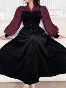 Feyla 女士秋季花卉拼布翻领单排扣连衣裙长款晚礼服 - 酒紅色 - 查看 6