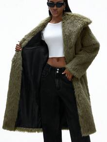 Aveloria GENKIRA Abrigo largo de mujer de piel sintética verde oliva, elegante y versátil de estilo casual y sobredimensionado - Marrón - Ver 7
