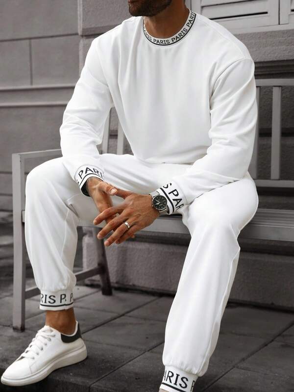 Manfinity Homme 秋季大码男士字母带长袖白色运动衫和运动裤休闲套装