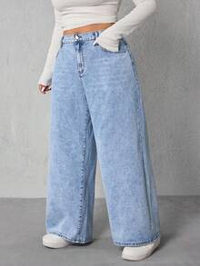 SHEIN ICON 大码女式时尚休闲浅色宽松牛仔裤 - 淺色水洗藍 - 查看 4
