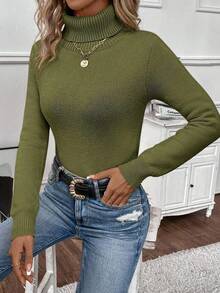 EMERY ROSE Women's Casual Solid Color Turtleneck Warm Sweater, Autumn/Winter - Army Green - View 3