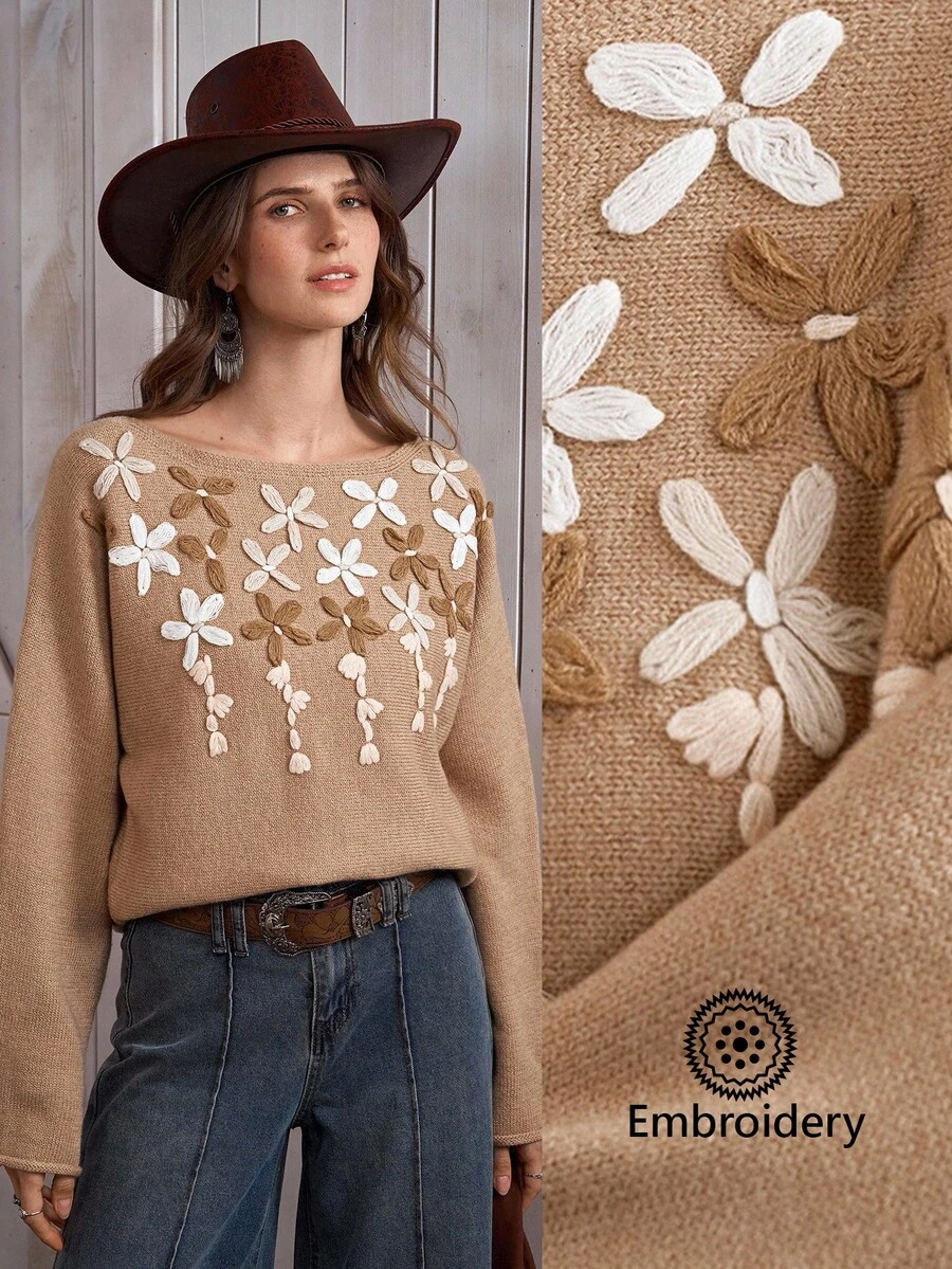 SHEIN LUNE Women's Solid Color Floral Western Casual Sweater, LanaWest - Apricot - View 1