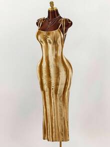 Y2K Amplova 复古浪漫大领口细肩带蝴蝶结露背褶皱高开衩修身长裙 金色鸡尾酒礼服 金色服装 金色套装 女装 - 金色 - 查看 3